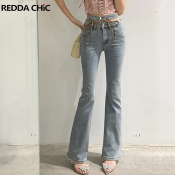 REDDACHiC Mulheres Jeans Azul Curativo Y2k Vintage com cinto Duplo cintura Bootcut Calças Jeans Calças coreano Feminino Roupas