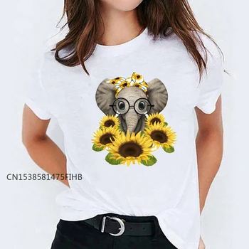 T-Shirts Premium Superior Para as Mulheres Cartoon Elefante Girassol 90 Impressão Senhora das Mulheres do Gráfico T-Shirt Senhoras Tê Fêmea T-Shirt