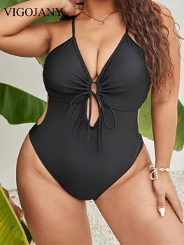 VigoJany Black Plus Size Swimwear Das Mulheres 2023 Oco Grande Um Maiô De Peça Laydies Lace Up Gordinha Grande Traje De Banho Moda Praia