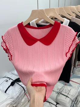 Y2K cor-de-Rosa de Manga Curta feminina T-shirt Sexy coreano Vintage Harajuku Fashion Malha de Camiseta Femme Crop Tops de Verão Tee Superior 2023