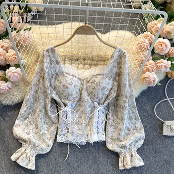 YornMona Vintage Gótico Curativo Mulheres Tops 2021 Primavera Estampa Floral Lace Design Blusa Camisas Branco Preto Senhoras Blusas