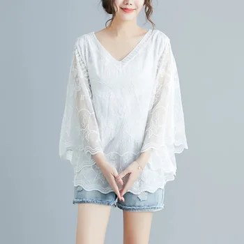 Verão Bordado Lace Branco Camisa de Mulher Elegante Flare Manga da Blusa Mulheres Blusas Casuais S-Tops com decote de Vestuário Feminino 25897