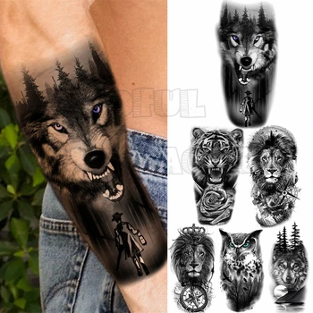3D Lobo Bússola Tatuagens Temporárias Para os Homens Adultos Realista Falso Leão, Tigre, Coruja Etiqueta da Tatuagem no Antebraço de Transferência de Água Tatoos