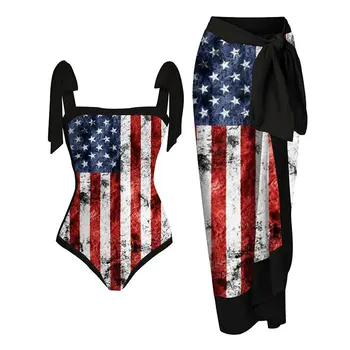 As mulheres do Laço do Biquíni Vintage Maiô de Cintura Alta Bandeira dos EUA trajes de Banho Sexy Cobrir Beachwear 2023 Novo traje de Banho