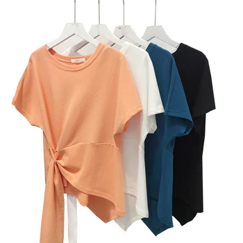 Estilo coreano Mulher Elegante T-shirt de Verão, Moda Gola Redonda, Manga Curta, Cor Sólida Assimétrico Camiseta Tops XYFS-WDC5408
