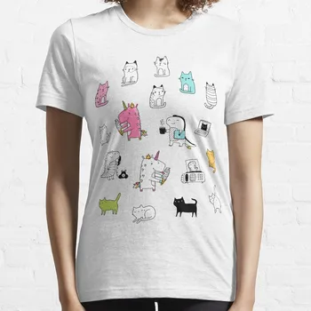Gatos. Dinossauros. Unicórnio. Adesivo de conjunto. T-Shirt Mulher roupas roupas para a mulher roupas bonito preto t-shirts para mulheres