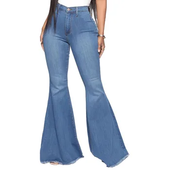 Mulheres Calças De Cintura Alta E Elegante Bainha Desfiada Jeans De Bell-Fundo De Jeans, Calça Casual Slim Fit Calças Festa Clubwear