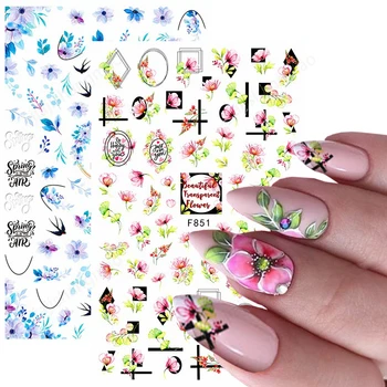 Nail Art 3D Adesivos Geométricos, de Primavera, Verão, Flores, Folhas Verdes Daisy Design de Decalques de Floração do Sakura Películas para Unhas, Acessórios