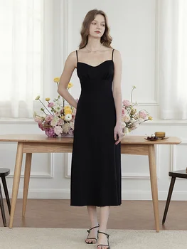 Preto suspender vestido feminino de verão de francês cintura de cetim vestido preto slim temperamento saia longa