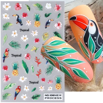 Verão Arte do Prego do Cartoon Tucano Joaninha Pássaro Pétalas de Flores, Folhas Linhas Geométricas 3D Decalque controle Deslizante de Manicure Decoração BENO